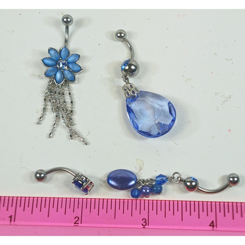 Vintage 90s Blue Belly Button Ring Set 4pc 14G 316L Surgical Steel New Old Stock - Picture 5 of 12